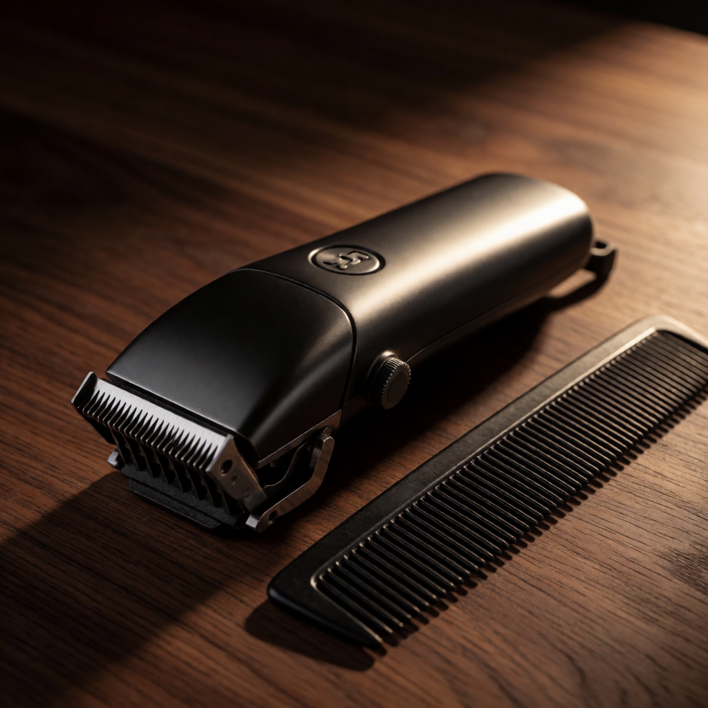 Clipper and comb ready on dark walnut at Avalon Beauty & Barber