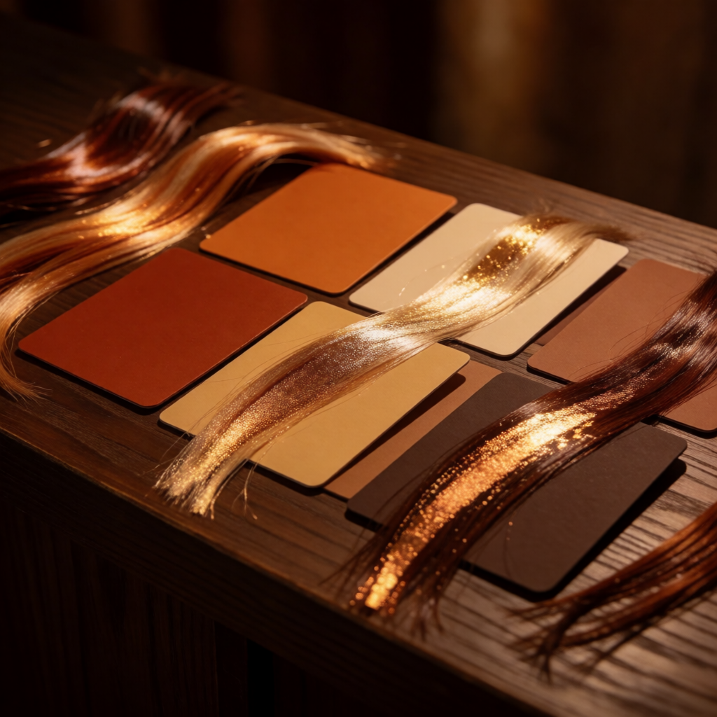 Colour swatches in copper, caramel and blonde at Avalon Beauty & Barber, Winkler