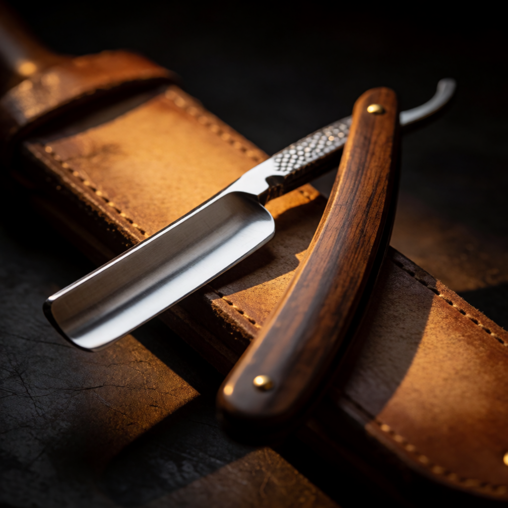 Straight razor resting on a leather strop at Avalon Beauty & Barber
